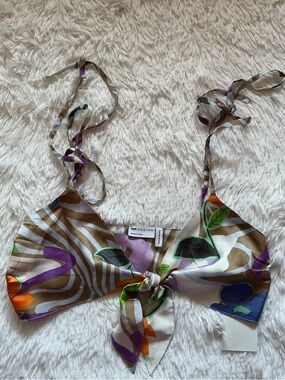 Silk Tie-Front Floral Print Crop Top - Purple & Brown